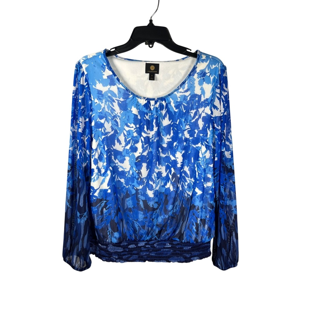 JM Collection Blue White Floral Print Long Sleeve Smocked Hem Top Women's Medium